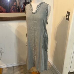 I Love Linen Sleeveless Frayed Edge Dress with Pockets Size Large